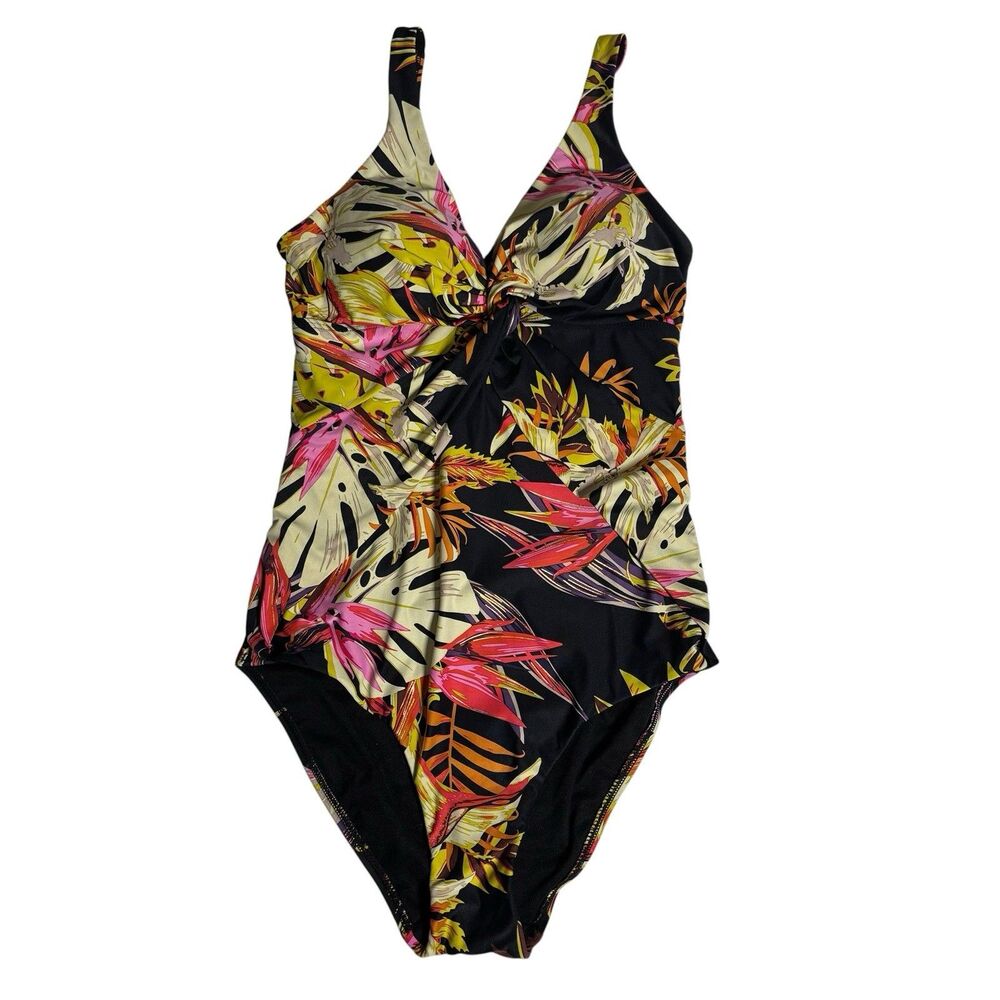 Moontide Black Tropical Floral Twist Front One Piece Swimsuit Fits XS Beach Pool